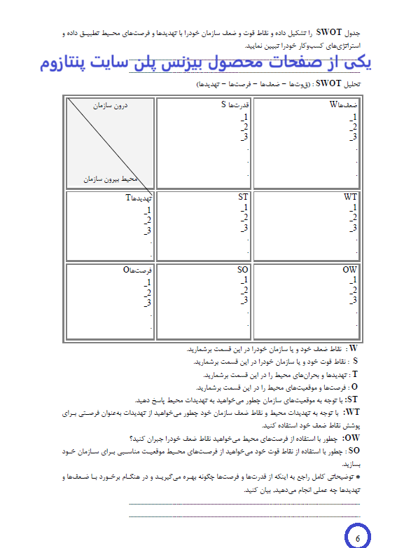 نمونه ای از یکی از صفحات فرم بیزنس پلن